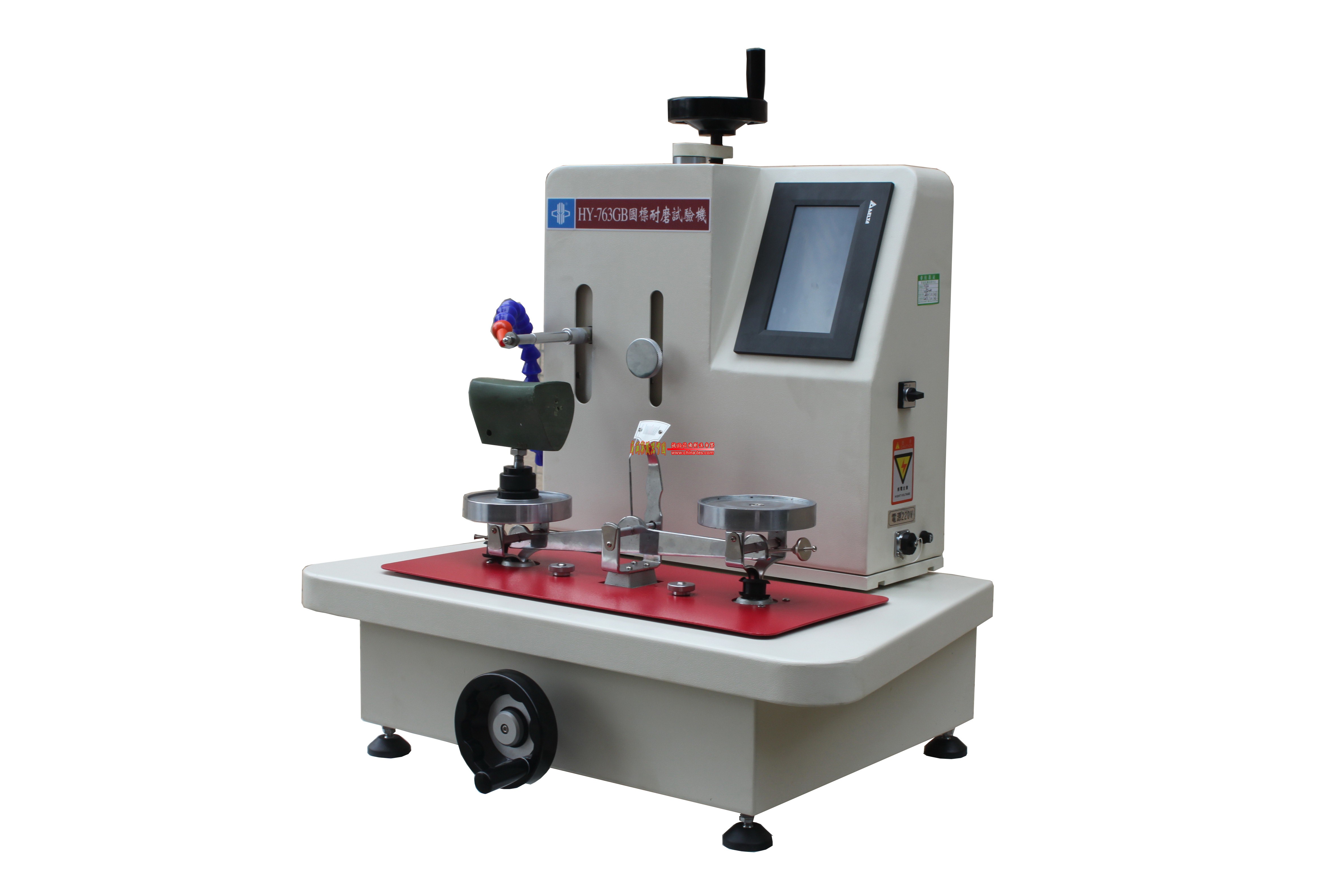 HY-763GB中國國標耐磨試驗機：產(chǎn)品說明:本機適用于檢驗成品鞋鞋底和成型底（片）的耐磨性能，其原理是將旋轉(zhuǎn)的磨輪垂直在試樣上以一定的負荷，一定的速度，一定時間對試驗進行磨耗試驗，測量試驗痕長度，具有斷電記憶功能。依據(jù)標準：GB/T3-中國國標耐磨試驗機